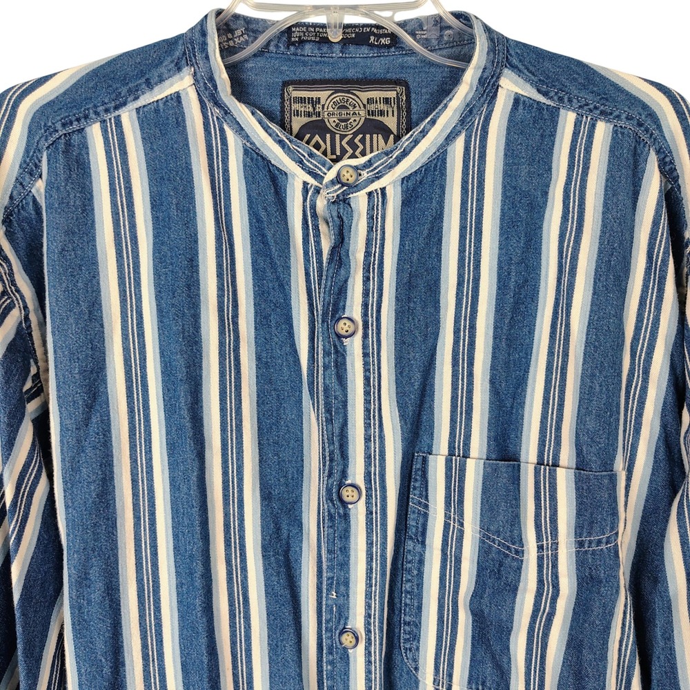Coliseum Mens XL Striped Grandad Collar Denim Shirt Blue Cotton Gorpcore 90s